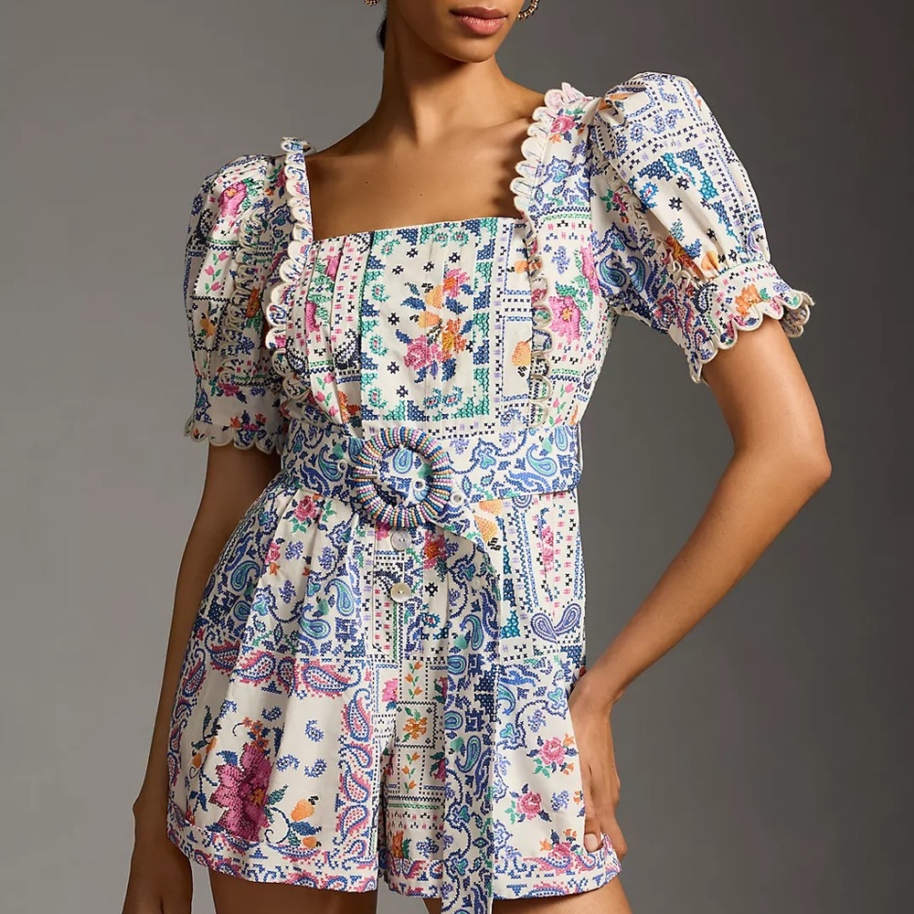 FARM Rio  Romantic Bandanas Puff-Sleeve Belted Romper Large